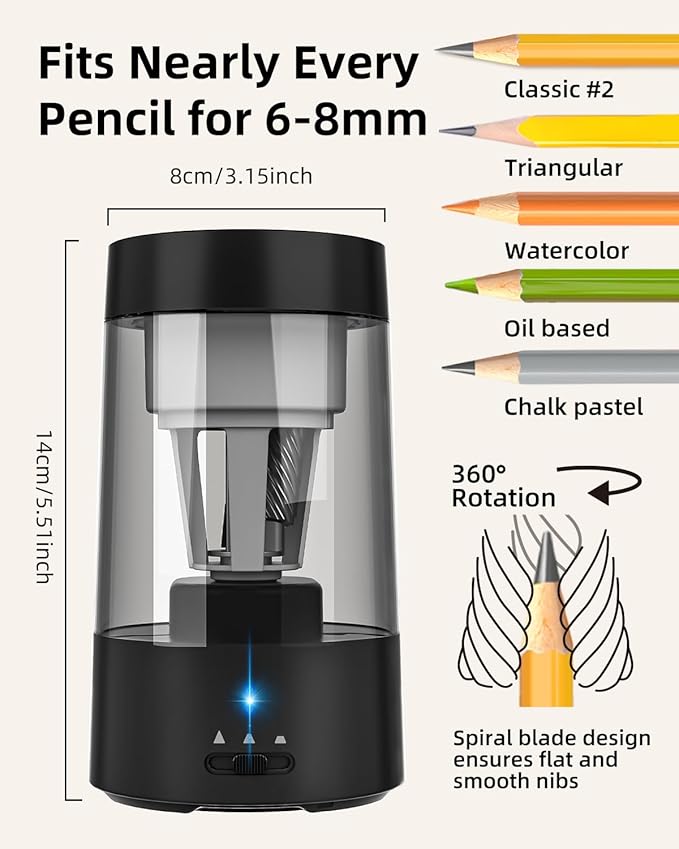 ZMOL Fully Automatic Pencil Sharpener for Classroom, Hands-Free,Battery Operated Rechargeable Electric Colored Pencil Sharpeners, Auto Stop,Suitable for No.2/Office/Home/School