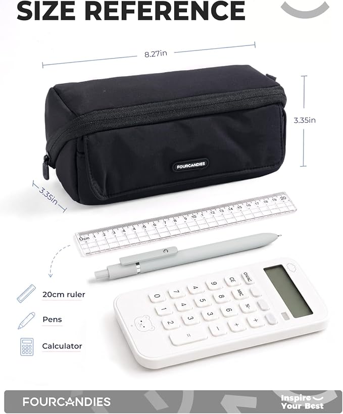 Four Candies Large Pencil Case, 5 Compartments Pen Organize | Big Capacity Pencil Pouch Bag for School Supplies, Portable Stationery Holder for Teen Girls Boy Men Women(Black Plus)