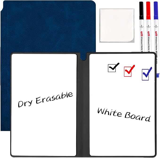 Marte Vanci Whiteboard Notebook Reusable Dry Erase Whiteboard with Pen and Wiping Cloth A5 Portable Dry Erase Pad with PU Cover White Board for Notes Lists Memo Message Presentation(Dark Blue)