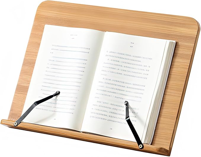 Bamboo Book Stand with Page Clips - Adjustable Holder for Cookbooks/Textbooks, Stable Lightweight Portable Reading Desk (Natural Bamboo)
