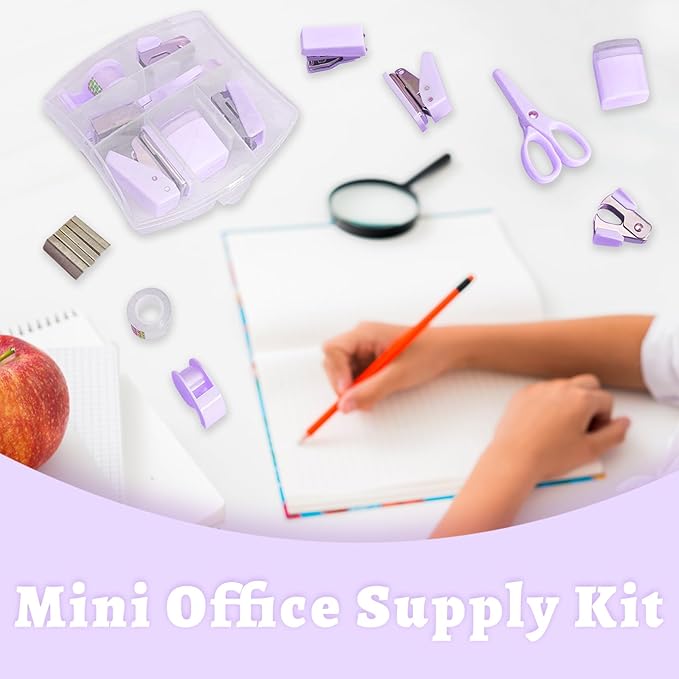 8 Pack Mini Office Supply Kits Mini School Supplies – Includes Mini Stapler, Scissors, Staple Remover, Puncher, Pencil Sharpener, Tape Dispenser (Purple)