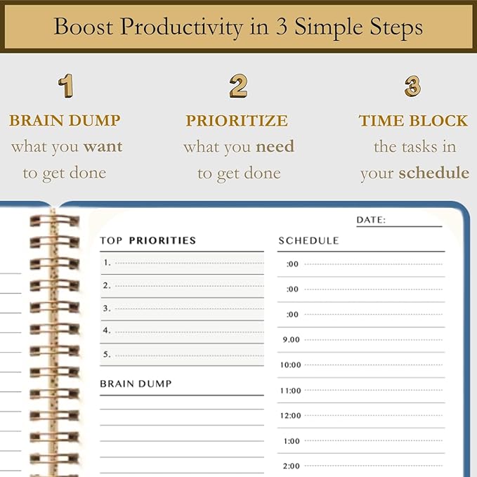 Undated Daily Planner - Time Blocking Planner & ADHD Planner. To Do List, Hourly Schedule, Daily and Monthly Agenda. Time Management & Productivity Planner. Spiral Hardcover Notebook. A4.