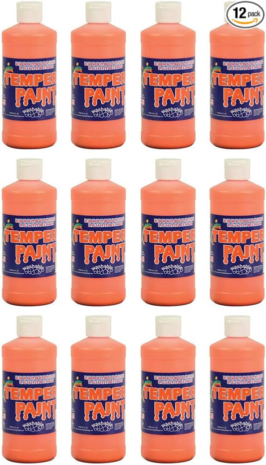 Constructive Playthings Washable Tempera Paint for Kids, Classroom Painting Supplies, Set of 12 Pints, Orange