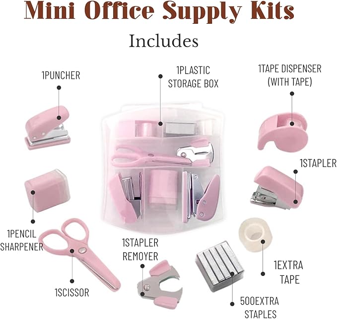 Mini Office Supply Kits Mini School Supplies – Includes Mini Stapler,Scissors, Staple Remover, Staples, Tape Dispenser (Pink)