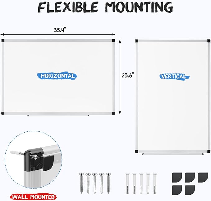 NEWBULIG White Board, 36" x 24" Magnetic Dry Erase Board for Wall with 1 Dry Eraser & 2 Multi-Color Markers & 4 Magnetic Pins, Silver Aluminum Frame for Office, Home, School, White