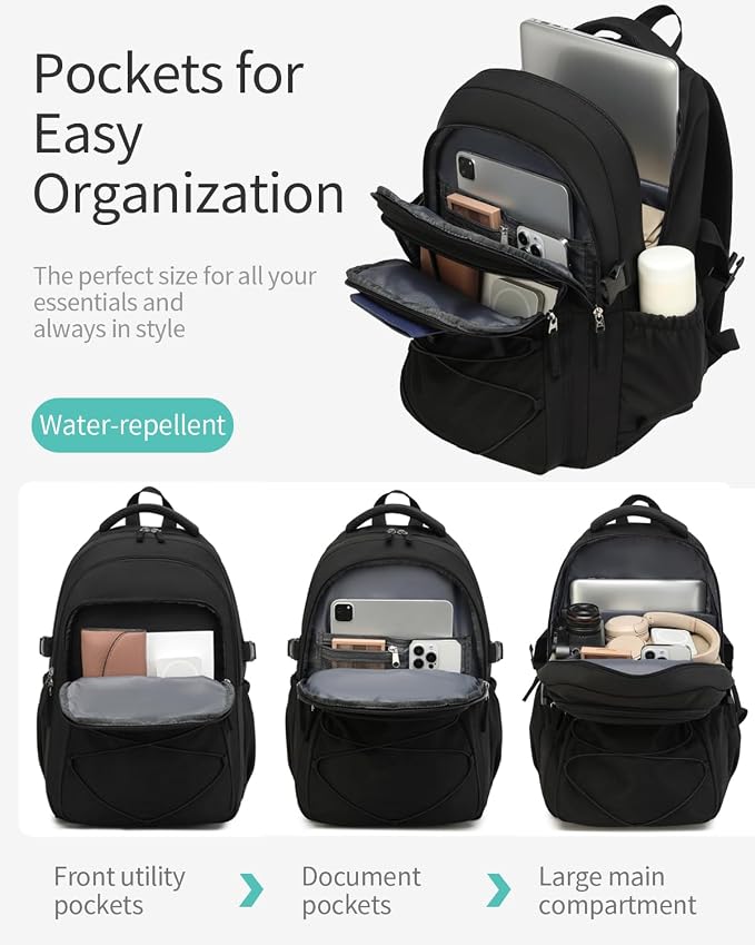Black Backpack for Teens, Girls School Bookbag Aesthetic 17.3in Laptop Backpack for Commuter Women Students Middle High School, Black