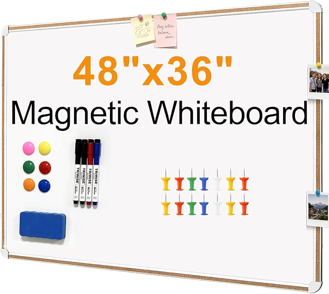 Large Magnetic White Board for Wall,Aluminum & Cork Strip Frame Whiteboard for Office,Presentation Dry Erase Board Wall Mount,Large Whiteboard for School Classroom Huge Whiteboards (48" W x 36" H)