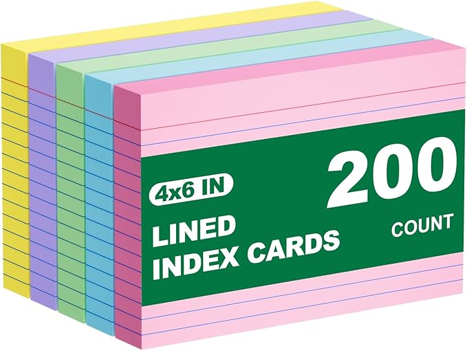 4x6 Index Cards, 200 Count Note Cards 4x6 Ruled Flashcards for Studying, Colored Notecards 4 x 6 Index Card Single-Side Lined Flash Cards for Studying School Office Home, 5 Colors, 5 Pack of 40 Sheets