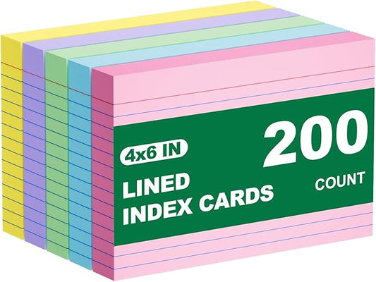 4x6 Index Cards, 200 Count Note Cards 4x6 Ruled Flashcards for Studying, Colored Notecards 4 x 6 Index Card Single-Side Lined Flash Cards for Studying School Office Home, 5 Colors, 5 Pack of 40 Sheets