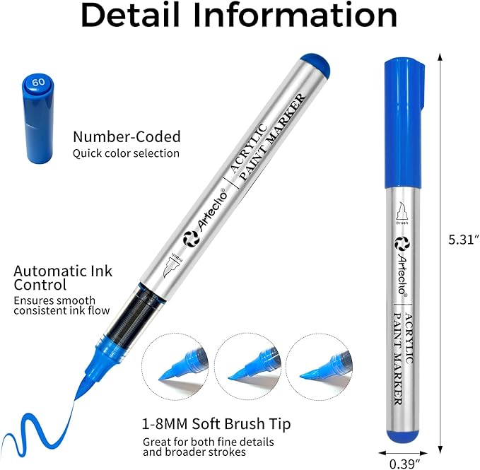 Artecho Automatic Ink Control Acrylic Paint Markers 48 Colors Brush Tip, for Stone, Rock Painting, Paper, Pumpkin, Wood, Egg, Canvas, Ceramic, Fabric, leather, Glass, DIY Crafts