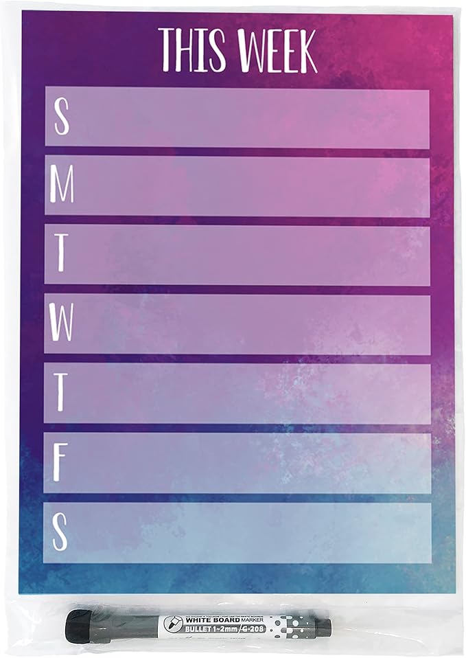 Dry Erase Weekly Calendar Planner Sticker Decal | Removable & Reusable | Magnetic Fine-Tip Marker Included (9 x 12 inches, Watercolor)