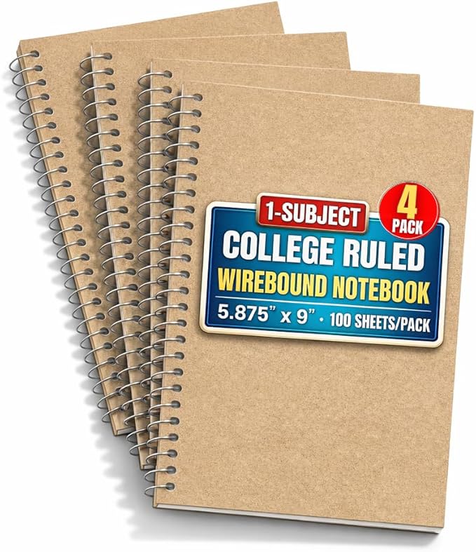 1InTheOffice Wirebound Spiral College Ruled Notebook 6 x 9, 3 Subject Notepad, Kraft Cover, 100 Sheets, (4/Pack)