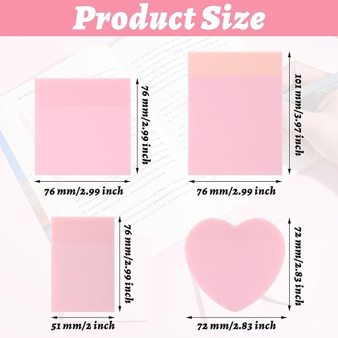 5 Pack Mixed Shape Transparent Sticky Notes, Glitter Pastel Color Waterproof Index Sticker Book Tabs 250 Sheets Soft PET Marker Memo Pad for Annotating Home School Office