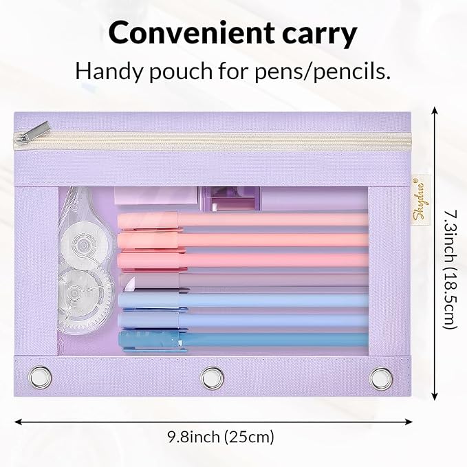 SKYDUE Pencil Pouch for 3 Ring Binder, 9.8" x 7.3" Clear Window Pencil Bag | Zipper Pencil Pouches for Girls Boys, Pencil Pouch with 3 Reinforced Grommets, Durable Organizer for School Supplies