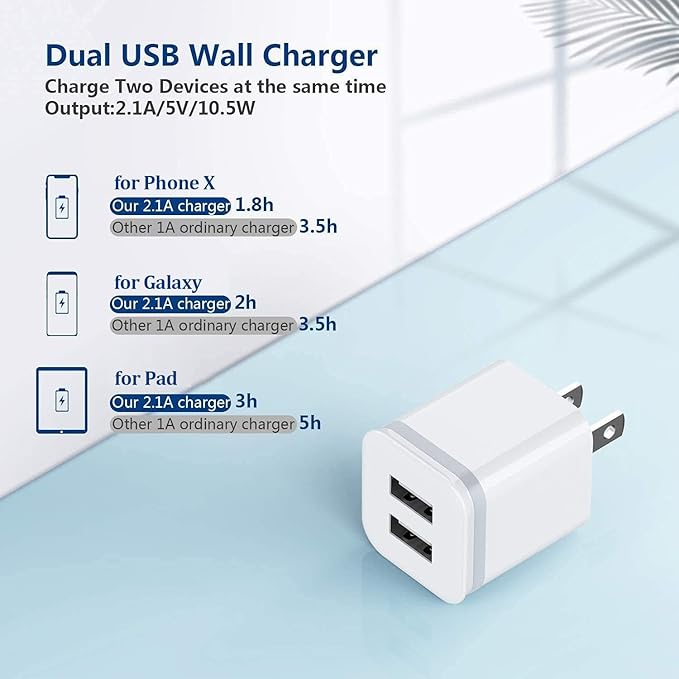USB Wall Charger, 5-Pack 2.1A/5V Dual Port USB Cube Power Adapter Charger Plug Charging Block Replacement for iPhone Xs/XR/X, 8/7/6 Plus, Samsung, HTC, LG, Moto, Android Phones
