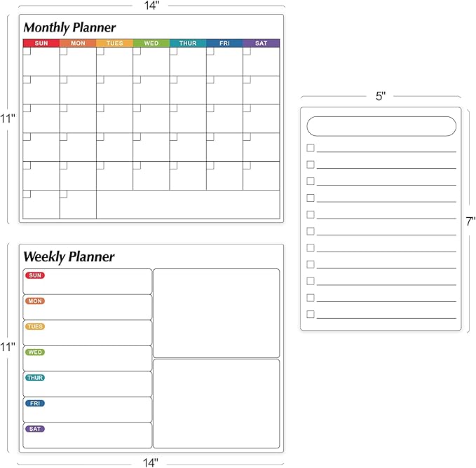 Dry Erase Magnetic Calendar for Refrigerator, 3 Pack- Monthly & Weekly & Daily Planner Magnet Whiteboard for Fridge Wall Door - Shopping, Meal/Menu, to Do List, Family Schedule Planning Board (D)