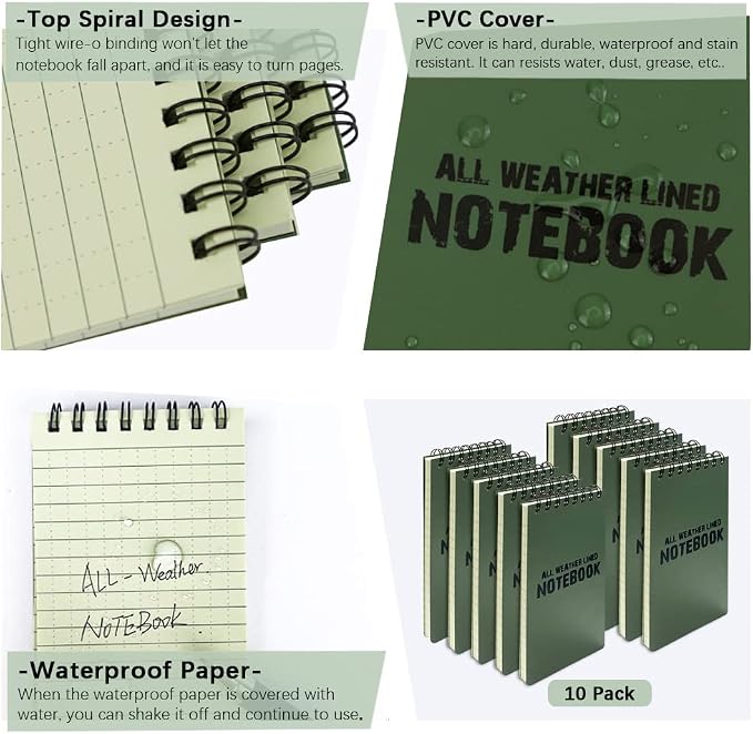 10 Pack Waterproof Notebook, Spiral Pocket Notepad, Waterproof Grid Paper