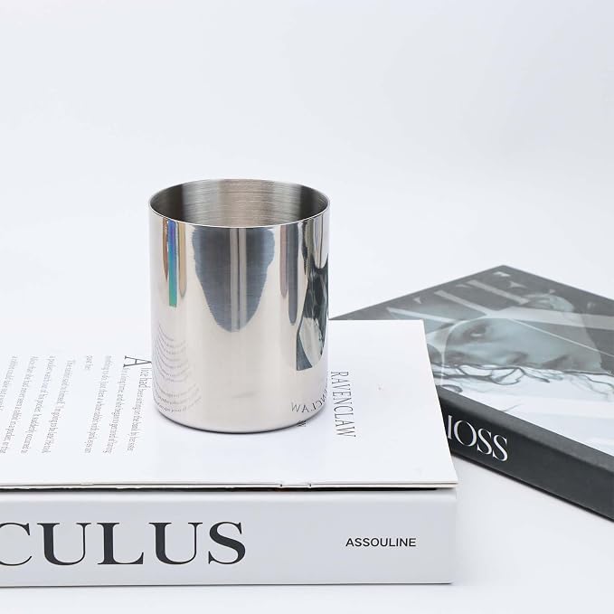 MEI YI TIAN Stainless Steel Cylinder Pen Holder Silver Desktop Organizers Pencil Cup Stand Up Multi Use Makeup Brush Holder Flower Vase Mini Pot Decor