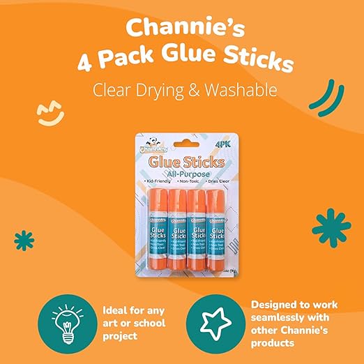 Channie's Glue Sticks 4 Pack - Clear Drying Washable Glue Sticks for Kids - Ideal for Art & School Projects, Safe & Mess-Free Craft Supplies