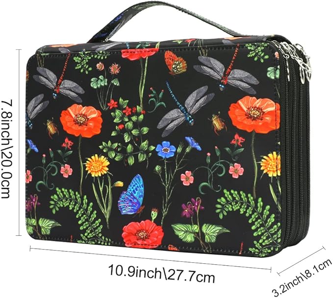Vomgomfom 200 Slots Pencil Bag, 4-Layer Zipper Portable Art Supply Organizer, PU Leather Large Capacity Colored Pencil Case with Handle for 200 Watercolor Pens, Gel Pens (Black)