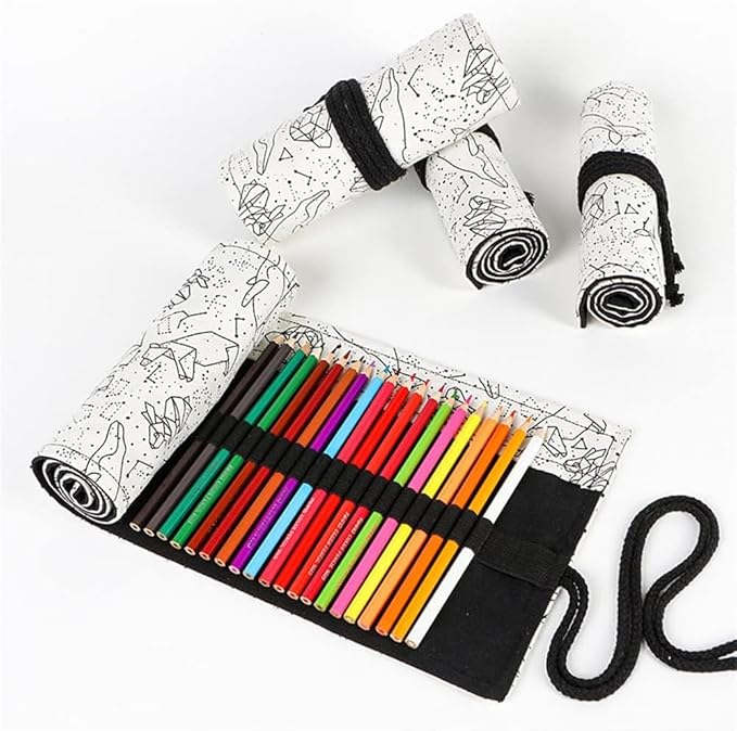 DIYOMR 12/24/36/72 Slots Pencil Wrap Pencil Rolls, Artist Colored Pencil Roll Up Bag Short Brush Pouch Organizer for Drawing Coloring and Sketching, No Pencils (White Starry Sky, 12slots)
