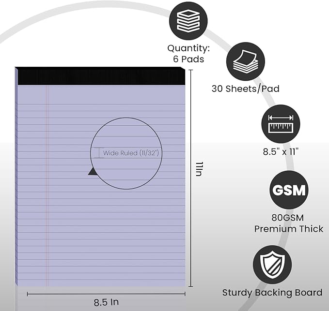 6pcs Legal Pads 8.5 x 11,Notepads 8.5 x 11 Inch, 30 Sheets/Pack, Purple Note Pads Clear Print Writing Pads of Paper, Perforate Wide Ruled Lined with Sturdy Back for Office, Business & School Supplies