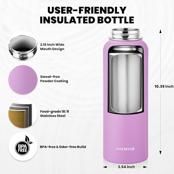 RAYMYLO Insulated Water Bottle 40 oz, Triple Wall Vacuum Stainless Steel (Cold for 36Hrs, Hot for 18Hrs), Leak Proof & Non-BPA, Modern Water Flask Jug with Paracord Handle & Straw Spout Lids