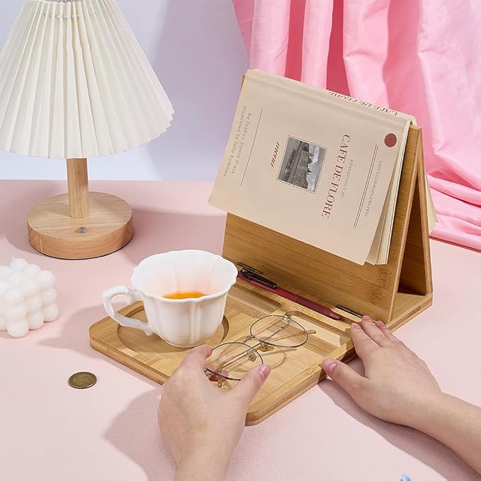 PH PandaHall Wooden Book Stand for Reading Rest Triangle Book Holder with Cup Pen Phone Glasses Organizer Foldable Reading Rest Rack for Book Lover Readers Office Bedroom Nightstand Desktop