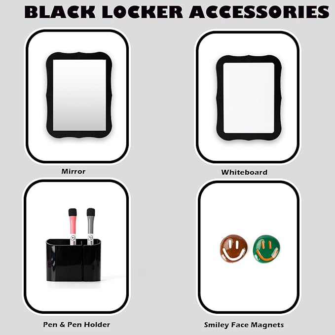 Locker Accessories for Girls Boys with Locker Mirror, Magnetic Whiteboard, Cute Smiley Face Magnets, Back-to-School Locker Decorations, Ideal for Office School Locker (Black Locker Decor Set)