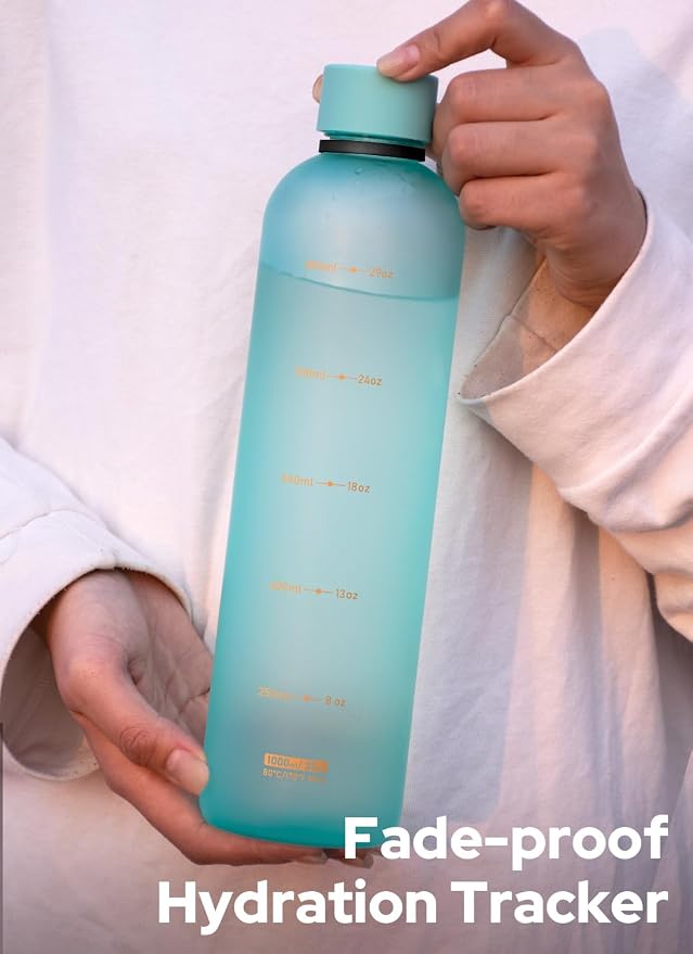 Opard Slim Water Bottle 32oz, Dishwasher Safe Plastic Water Bottle BPA-Free, Leakproof Screw Top,Aqua Green, Reusable for Travel School Sport Gym Hiking