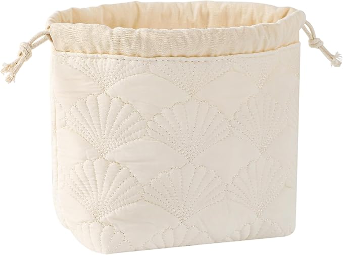 uekeboag Small White Shells Drawstring Quilted Cotton Makeup Bag for Women | Foldable,Lightweitht, Canvas Lining Coquette Quilted Toiletry Bag, Aesthetic Travel Cosmetic Bags