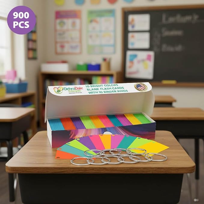 Debra Dale Designs Hole-Punched Flash Cards – 900 Multicolor Study Cards with 10 Binder Rings – 2″ x 3.5″ Durable Cardstock – Color-Coded Study & Organization Cards – USA Made