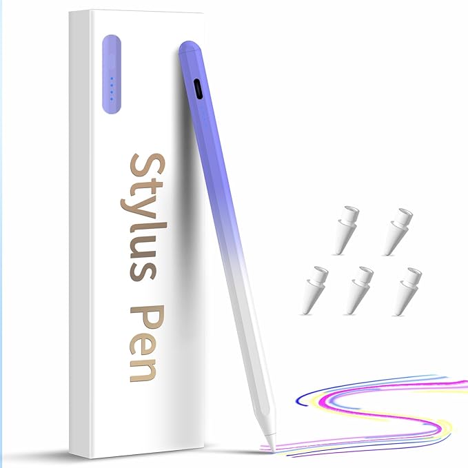 Stylus Pen for iPad,(2018-2026) Fast Charge with Tilt Sensitivity & Palm Rejection Compatible with iPad Pro 11"/12.9", iPad mini 5/6, iPad Air 3/4/5, iPad 6/7/8/9/10 (White Purple)