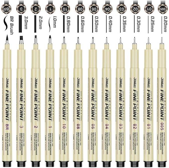Qionew Precision Black Micro-Pen Fineliner Ink Pens,12 Pack Waterproof Archival Ink,Micro Pens for Drawing,Artist Illustration, Multiliner, Anime,DIY Gifts Projects - Assorted Point Sizes
