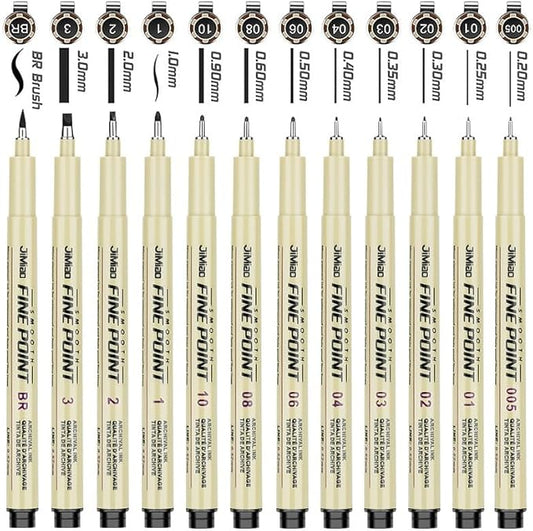 Qionew Precision Black Micro-Pen Fineliner Ink Pens,12 Pack Waterproof Archival Ink,Micro Pens for Drawing,Artist Illustration, Multiliner, Anime,DIY Gifts Projects - Assorted Point Sizes