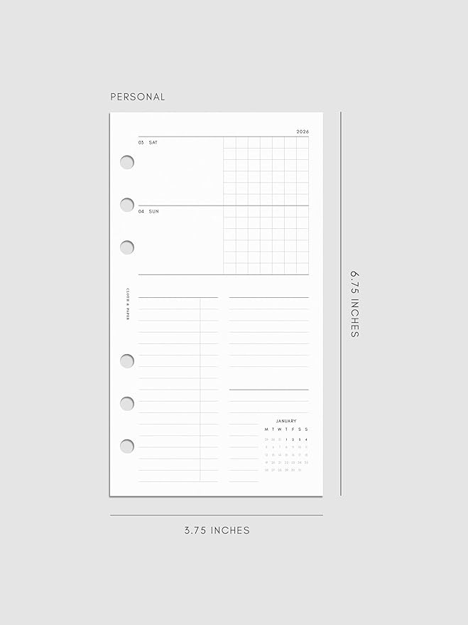 Cloth & Paper 2026 Dated Weekly Planner Inserts - Monday Start | Personal Size 3.75 x 6.75 Inches | 6 Ring Planner Refill Vertical Weekly Layout, 214 Dated Pages | Minimal Agenda Refill