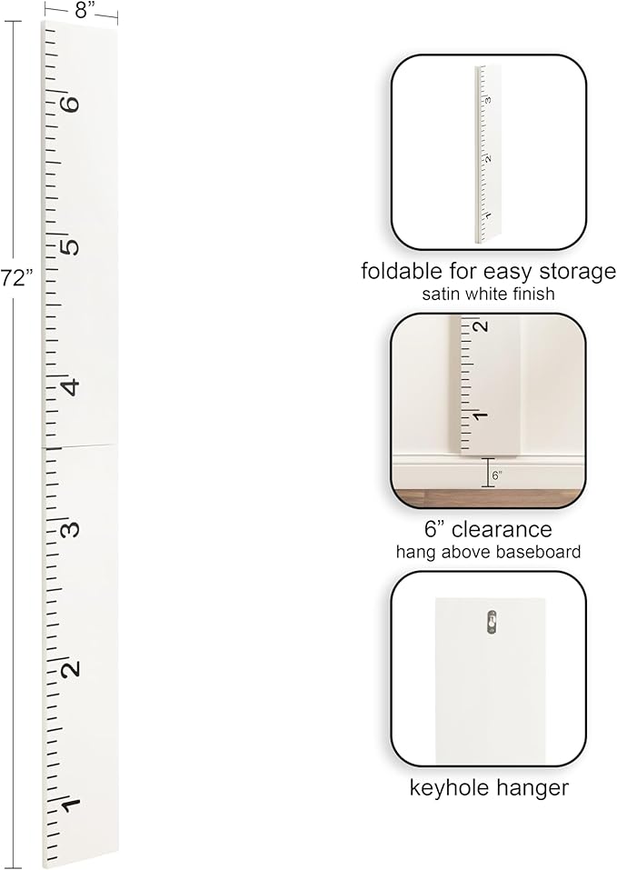 Kate and Laurel Modern 6.5-Foot Growth Chart Wooden Wall Ruler; 8 x 72; White; Decorative Wall-Mounted Height Chart for Kids for Use as Nursery or Children's Bedroom Decor