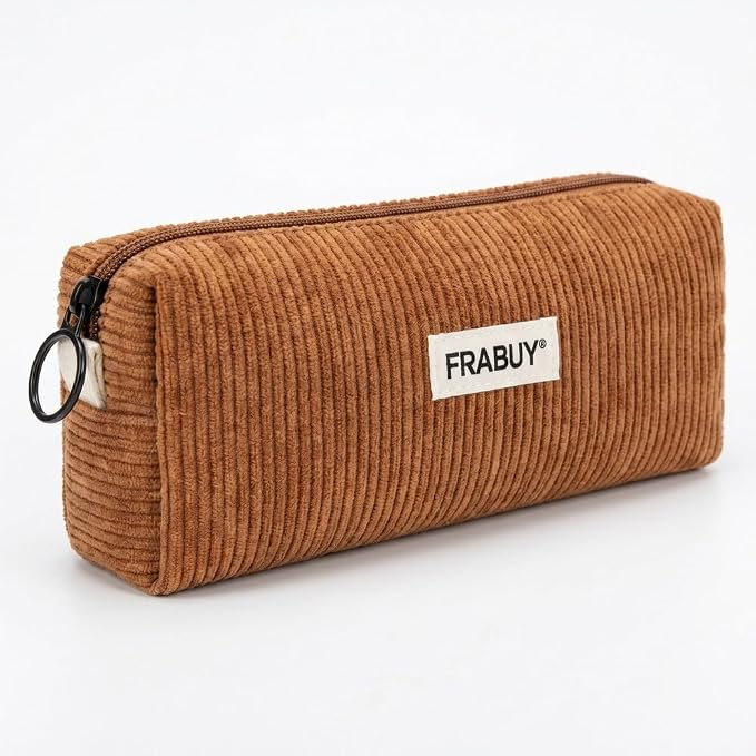 Soft Corduroy Pencil Case Pen Pouch Organizer, Small Stationery Bag | Cute brown pencil pouch, smooth zipper, daily cosmetics holder, compact organizer for school teen girls, women