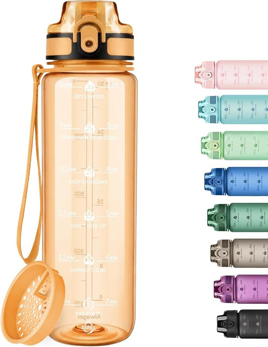 32oz Water Bottle with Time Marker, Motivational Drinking Bottle with Strap, BPA-Free Leak-Proof, Encouraging Water Bottle Time to Drink Water for Gym School Office Travel