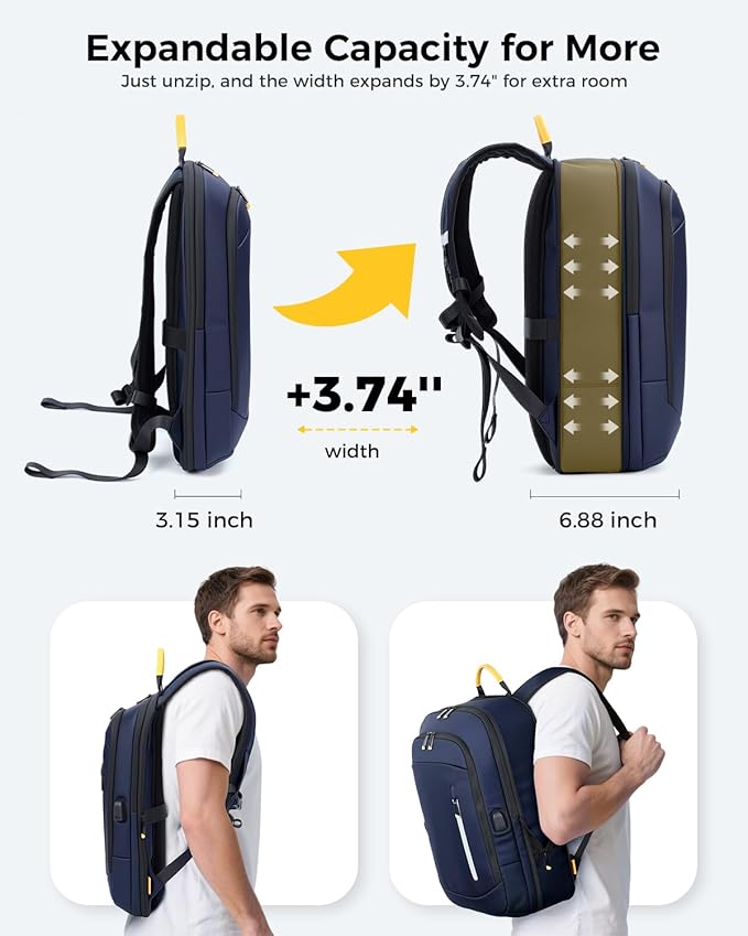 Slim Laptop Backpack for Men, 17.3 Inch Expandable Business Travel Backpack with USB Charging Port, Lightweight Work Computer Bag, Blue