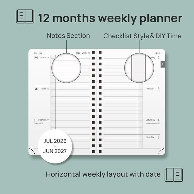 POPRUN 2026-2027 Academic Small Weekly Planner, 4" x 6.25" Pocket Calendar for purse, Horizontal Daily Calendar from July 2026 to June 2027, Softcover Appionment Book with Monthly Tabs, Spiral Bound, Inner-Pocket - Aquamarine