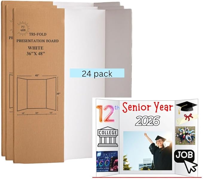PJ Goods 24 Pcs White Tri Fold Poster Board 36" x 48 for Science Fair Presentation Displays, School Projects, Business Displays, 4H, Sports, Graduations/Senior Night, Lightweight and Foldable