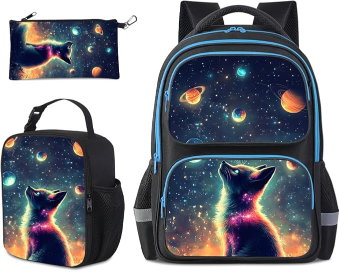 HiMagics Kids Backpack for Boys Girls Preschool Kindergarten Backpacks Lightweight Elementary Middle School Bookbag with Lunch Box Set and Chest Strap (StarCat)