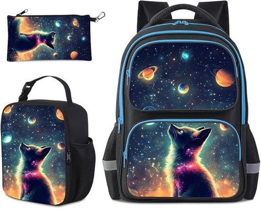 HiMagics Kids Backpack for Boys Girls Preschool Kindergarten Backpacks Lightweight Elementary Middle School Bookbag with Lunch Box Set and Chest Strap (StarCat)