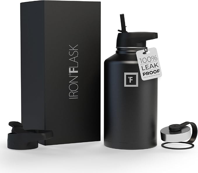 IRON °FLASK 64 oz Wide Mouth Water Bottle with Straw | Insulated Half Gallon Water Bottle with Leakproof Straw Lid - BPA Free, Cold 24 Hrs, Sweat Free (Midnight Black)
