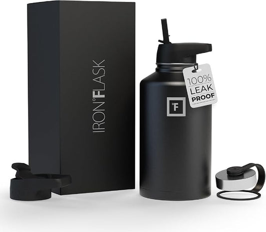IRON °FLASK 64 oz Wide Mouth Water Bottle with Straw | Insulated Half Gallon Water Bottle with Leakproof Straw Lid - BPA Free, Cold 24 Hrs, Sweat Free (Midnight Black)