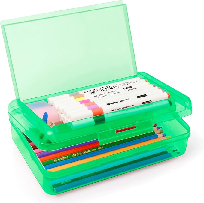 Double Layer Large Capacity Pencil Box,Plastic Translucent Pencil Box, Hard Pencil Cases with Snap-Tight Lid for Pens, Pencils, School Supplies,Office Supplies, Medium-sized,1 Pack