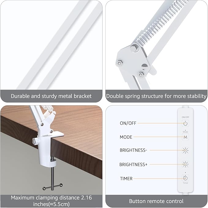 Upgrade Swing Arm LED Desk Lamp with Clamp, 80 LED Beads, 5 Color Modes & 11 Brightness Levels, 360° Adjustable Arm, Eye-Caring Light CRI95, Timer & Memory Function, for Office, Study, Crafting
