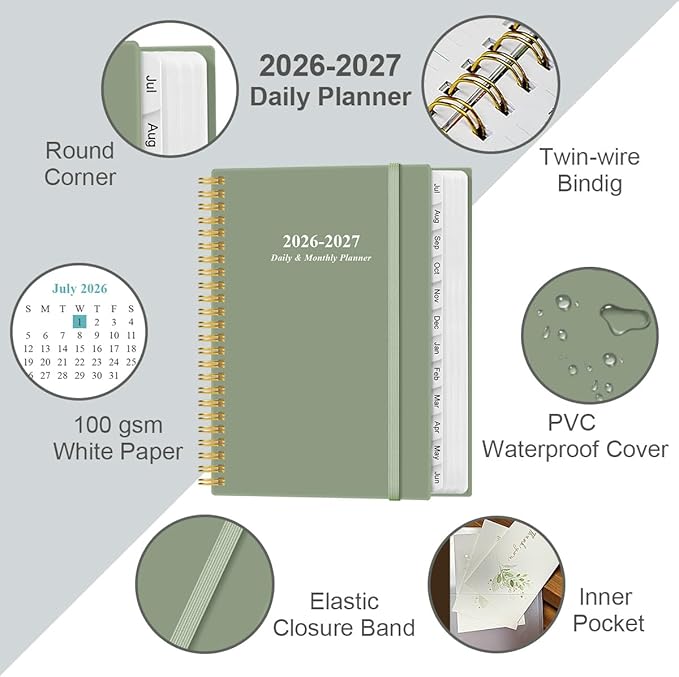 2026-2027 Daily & Monthly Planner - One Page Per Day, Daily Planner 2026 from July 2026 to June 2027, Planner 2026-2027 with 12 Monthly Tabs, 6.4" x 8.5", Green
