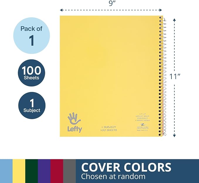 ROARING SPRING Lefty Spiral Notebook, Left-Handed One Subject Notebook, 11" x 9", 100 Sheets, College-Ruled, Perforated, Assorted Saranac Covers, Made in USA